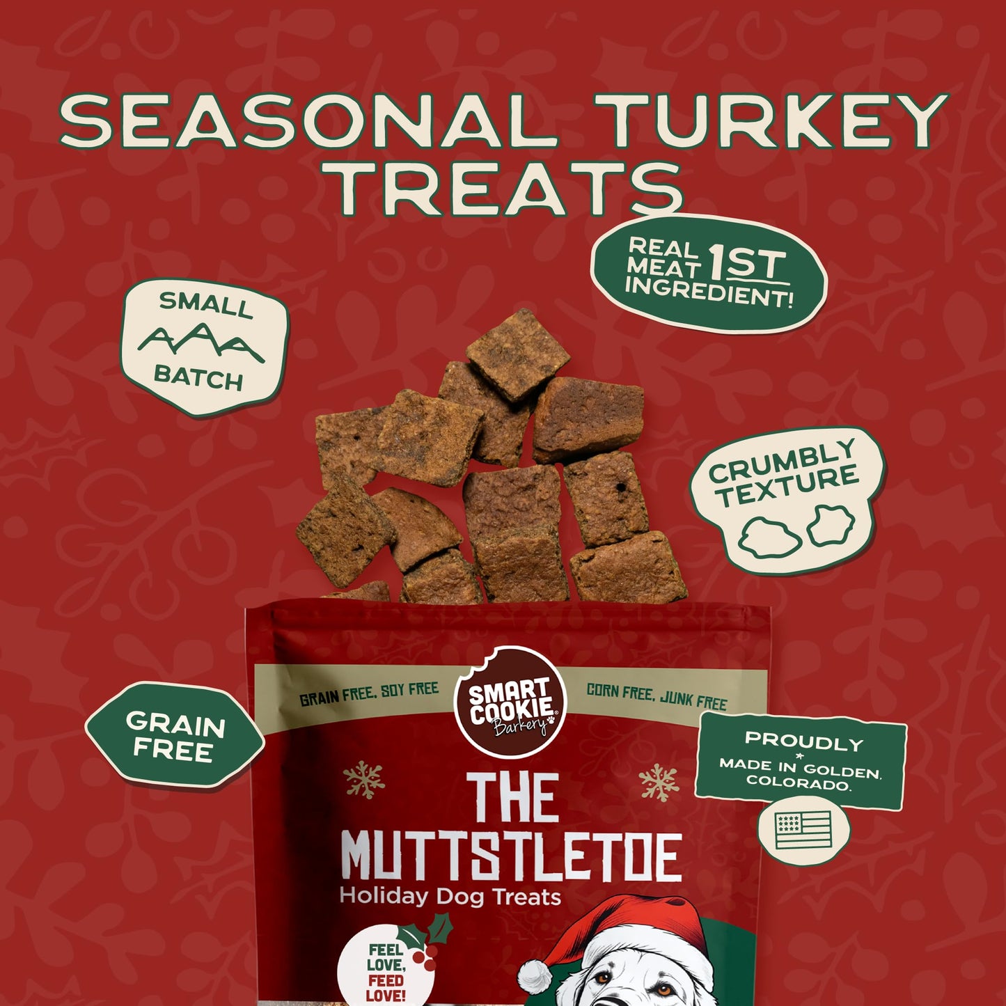 Smart Cookie Muttstletoe Holiday Dog Treats - Turkey, Pumpkin and Cranberry Christmas Dog Treats - Healthy, All Natural, Grain Free, Human-Grade - Made in USA - 8oz