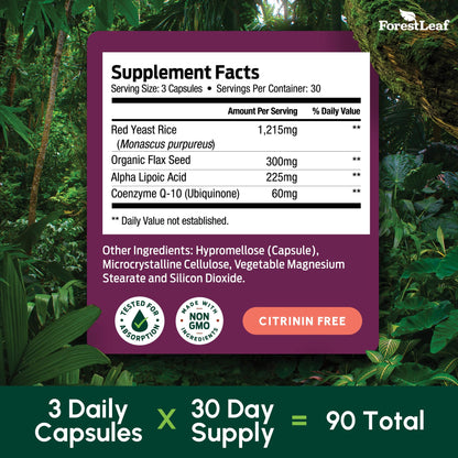 Red Yeast Rice 1215 mg. Capsules - Extra Strength Red Rice Yeast with CoQ10 Supplement, Plus Alpha Lipoic Acid & Organic Flaxseed, Citrinin Free, Supports Cardiovascular Health, Non-GMO 90 Veggie Caps