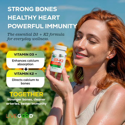 LIVEGOOD Organic D3 K2 Supplement 2000 IU, Vegan Capsules with MK-7, Pure Vitamin D3 with K2 for Immune, and Bone Support Made in the USA Organic D3 K2 Formula (60 Count)