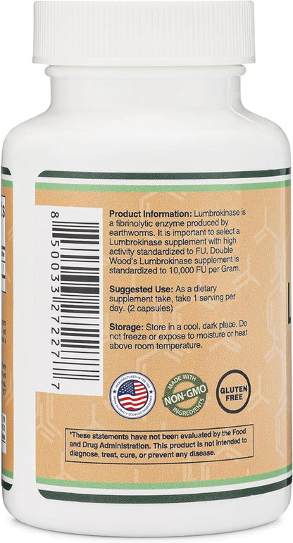Lumbrokinase Enzymes Supplement - 120 Capsules (Max Activity 10,000 FU/Gram) 150mg per Serving (No Fillers, Non-GMO, Gluten Free) for Cardiovascular and Blood Circulation Support by Double Wood