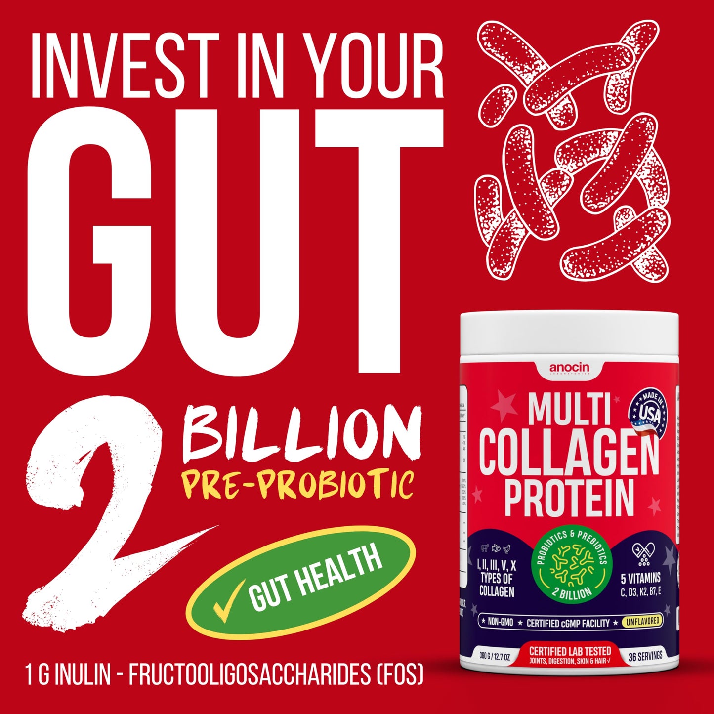 anocin Multi Collagen Peptides w/Prebiotic + Probiotics + Type I, II, III, V, X + Hydrolyzed Collagen Powder w/Vitamin C+D3+B7+K2+E Hyaluronic Acid, Supports Skin Hair Nail Joint, Grass-Fed, Non-GMO