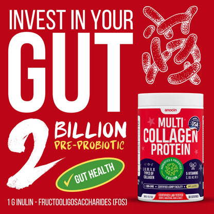 anocin Multi Collagen Peptides w/Prebiotic + Probiotics + Type I, II, III, V, X + Hydrolyzed Collagen Powder w/Vitamin C+D3+B7+K2+E Hyaluronic Acid, Supports Skin Hair Nail Joint, Grass-Fed, Non-GMO