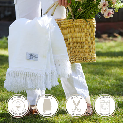 Red Land Cotton | American-Made 100% Cotton Throw Blanket | Soft, Breathable Basket Weave Blanket | Easily Laundered | White