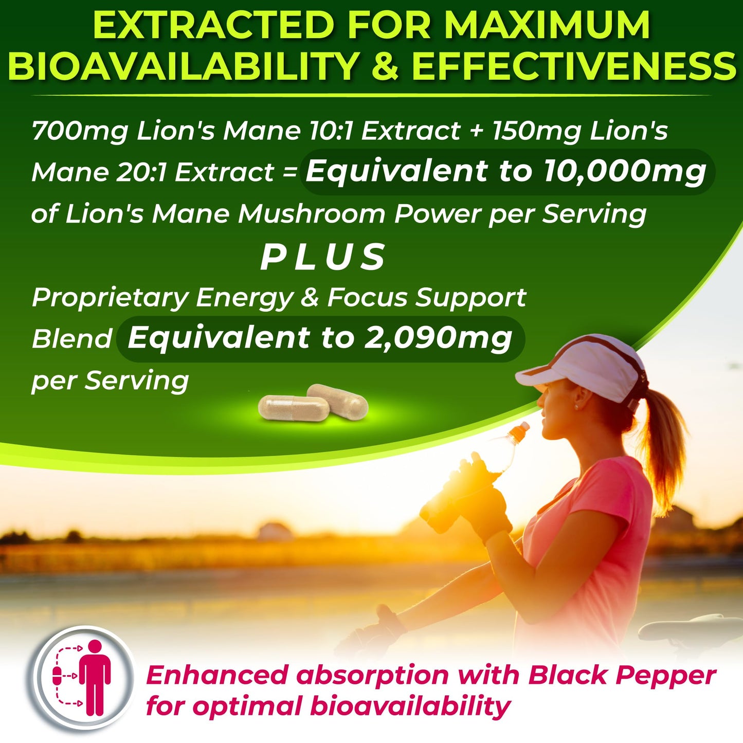 Organic Lion's Mane Supplement Capsules - Contains Naturally Occurring Beta Glucans & Polysaccharides, Enhanced with Organic Energy & Focus Support Blend: Cordyceps, Rhodiola Rosea, Ginseng, 120 Count