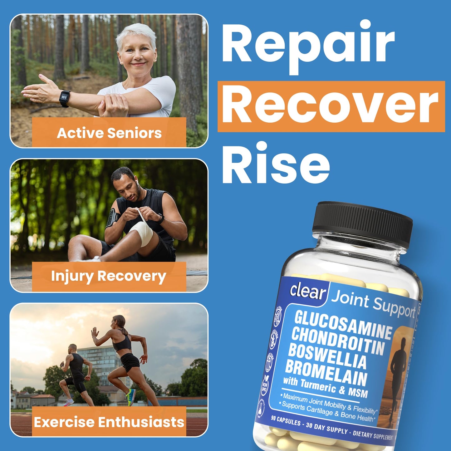 Glucosamine Chondroitin MSM with Turmeric & Boswellia 90 Capsules | 8-in-1 Joint Support Supplement for Flexibility & Mobility | Joint Supplement for Men & Women – Support Back, Knee, Hips & Joints