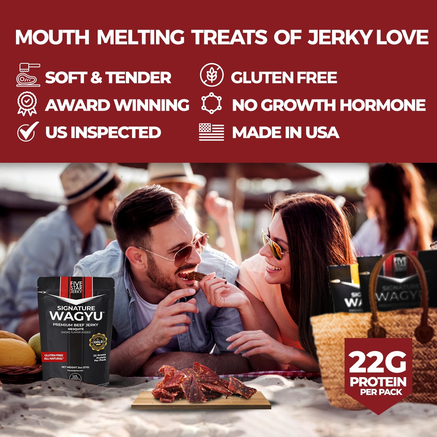 Five Star Wagyu Mesquite Beef Jerky, Soft & Mouth Melting Tender Jerky, Award-Winning Premium Beef Jerky, No Artificial Ingredients, Premium Gift Snack, Nitrate/Nitrite-Free, Gluten-Free, Wagyu Beef Snacks (2 Pack of 2oz-Total 4oz) Gourmet Beef Jerky
