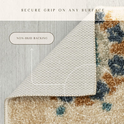 Maples Rugs Reggie Floral Runner Rug - Made in USA - Washable, Non Slip Indoor Carpet for Kitchen, Hallway, and Laundry Room, 1'8 x 5, Beige