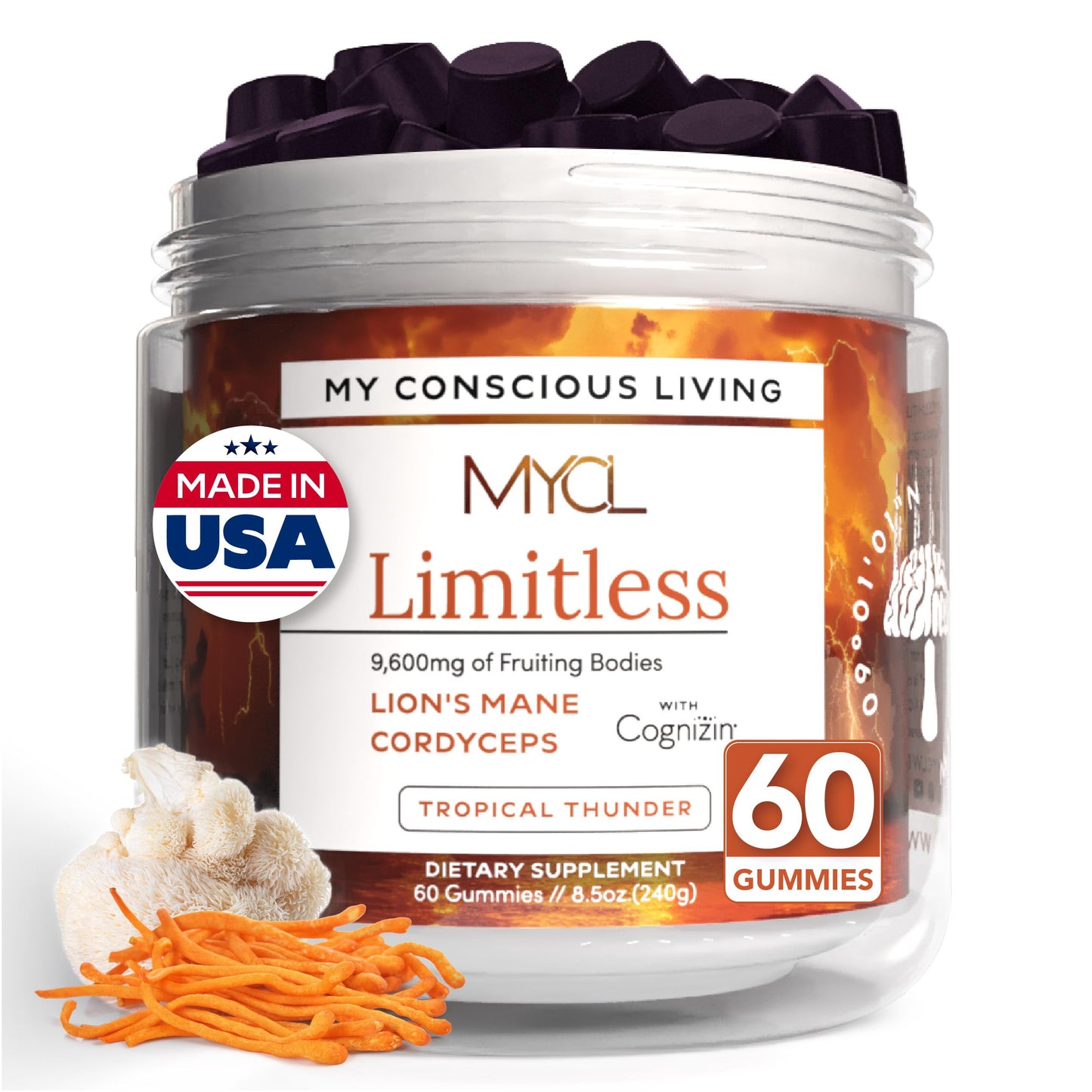 MYCL Limitless Mushroom Gummies | 320mg Lion’s Mane & Cordyceps Fruiting Body + 180mg Cognizin® Citicoline | Focus, Mental Clarity & Energy Support | Vegan, Organic, Gluten-Free | 30 Servings