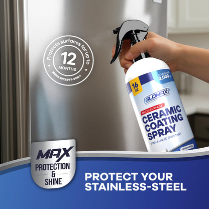 GLOMAX Home Ceramic Coating Spray Kit (16 oz) - Shine, Seal & Protect Stainless Steal, Glass, Kitchen & Bath Surfaces - Extremely Hydrophobic - Repels Stains & Grime - Includes 2 Micro Fiber Towels