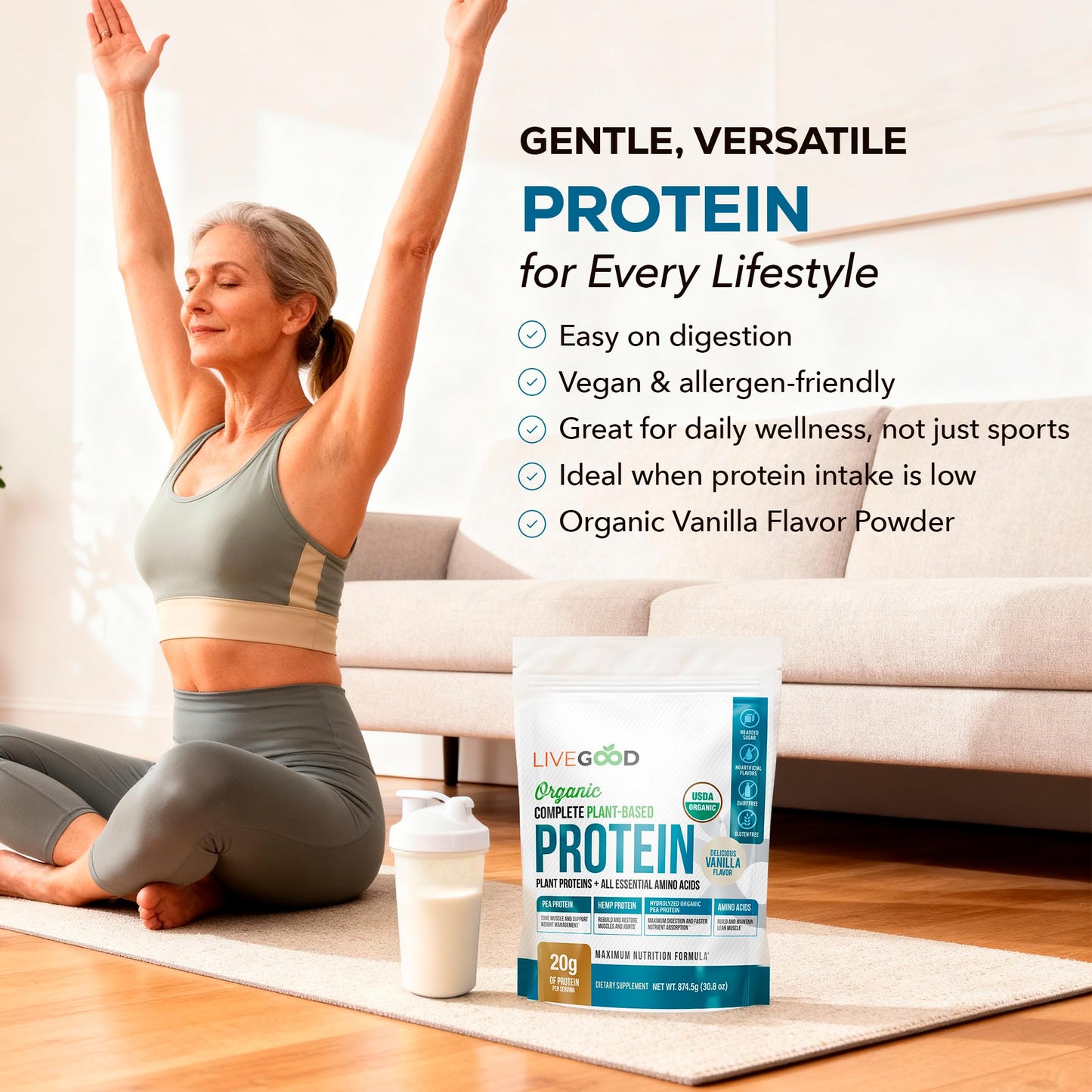 LIVEGOOD Complete Plant Based Protein Powder with Organic Pea Protein and Essential Amino Acids for Muscle Support, Recovery, Energy and Daily Nutrition, Vanilla Protein Supplement (30 Servings)