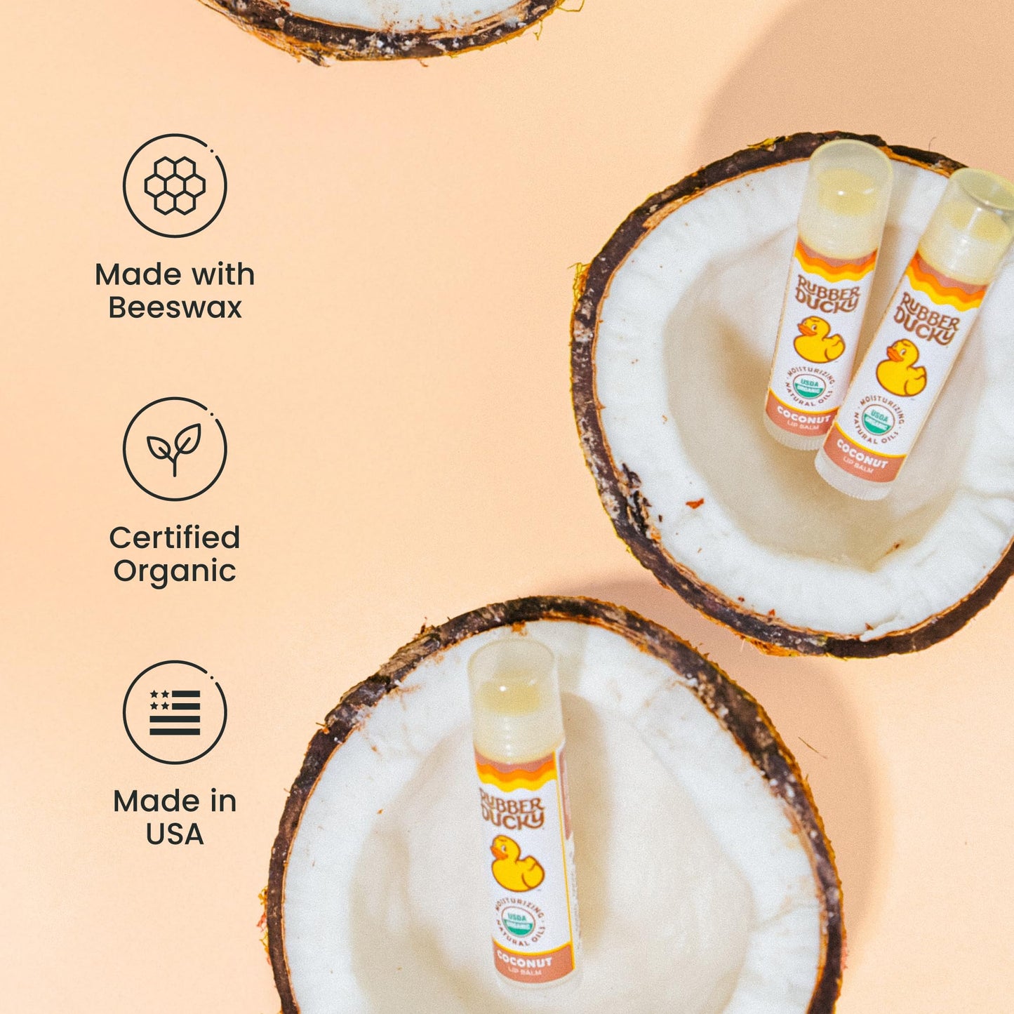 Rubber Ducky Sunscreen - Organic Lip Balm for Women, All Natural Lip Balm Stick with Vitamin E - Moisturizing & Hydrating Chap Stick for Dry Lips - Untinted and Non-Toxic Lip Care - Coconut, 3 Pack