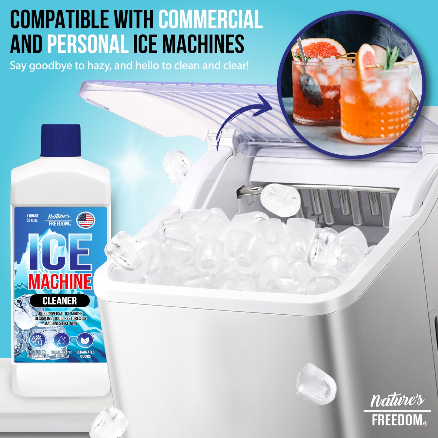 Nature's Freedom Ice Machine Cleaner - Quart (8 Uses) - Nickel-Safe Descaler, Made in USA, Universal Compatibility for Commercial/Residential Ice Makers such as Whirlpool, Scotsman and All