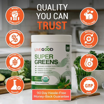 LIVEGOOD Daily Greens Powder Organic Blend for Digestion & Focus – Super Greens Supplement Powder for Immune Support – 30 Servings