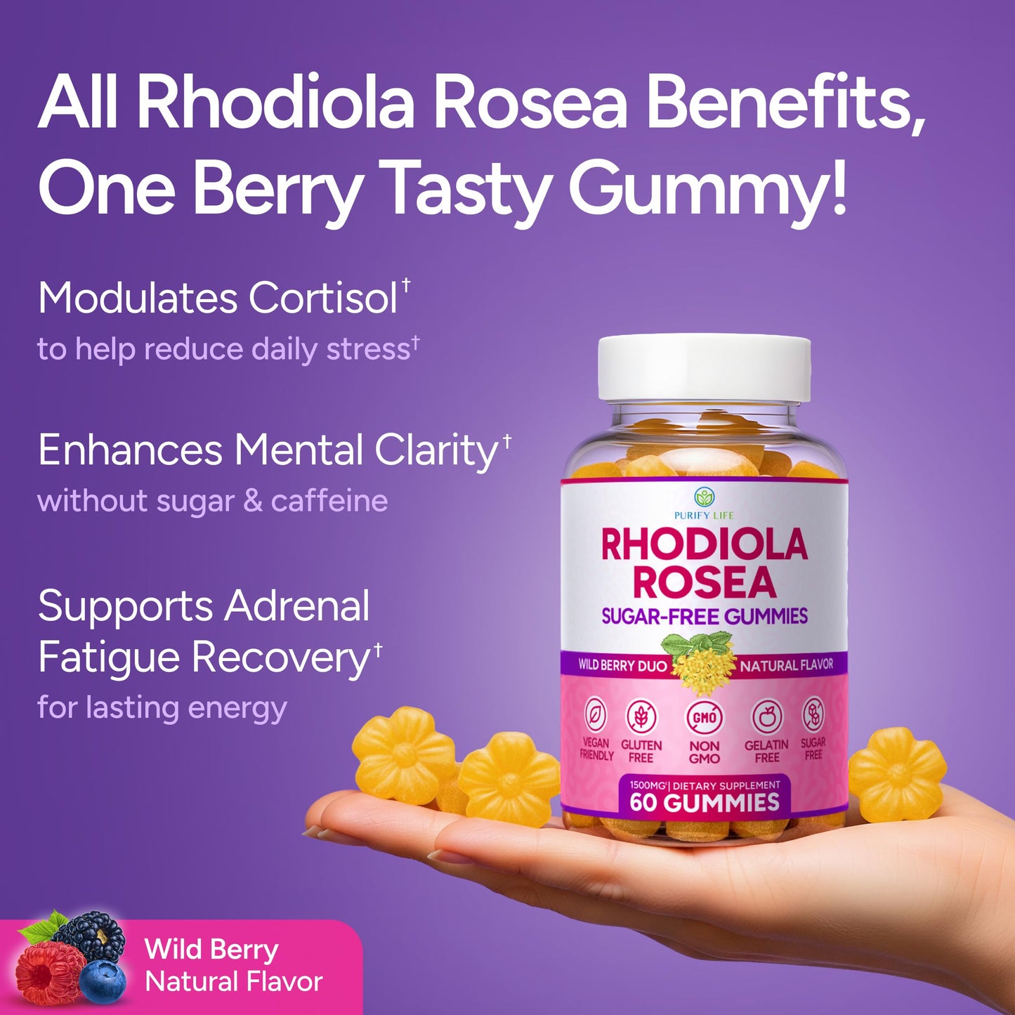 Purify Life Sugar-Free Rhodiola Rosea Gummies (1500mg/Serving) Cortisol Detox & Adrenal Support Supplement - Adaptogenic Rhodiola for Mood, Motivation, Stamina & Performance, Non-GMO, 60 Vegan Chews