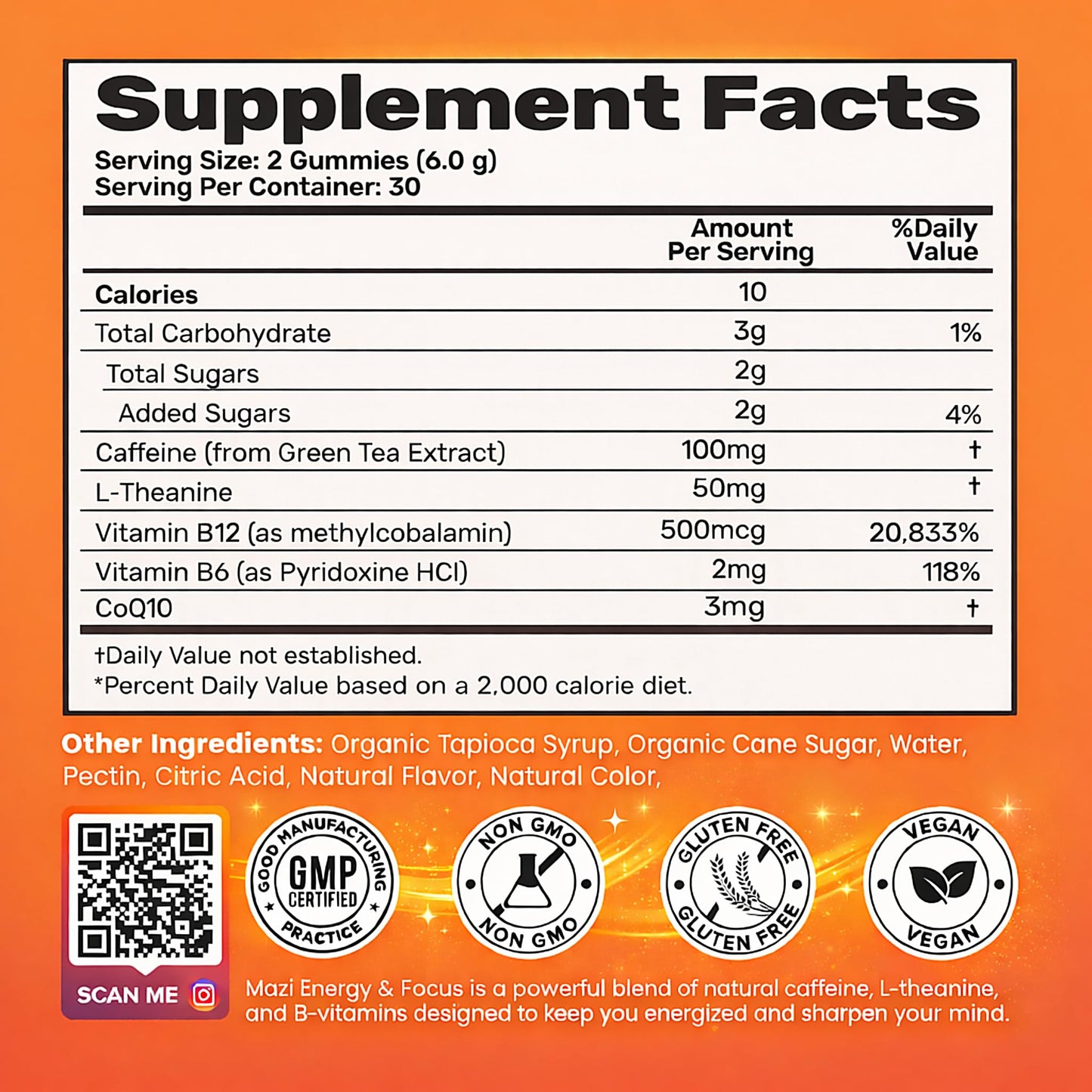 Energy & Focus Gummies | 100mg Natural Caffeine + L-Theanine + Vitamin B6 & B12 + CoQ10 | Nootropic Cognitive Brain Performance Supplement | No Crash or Jitters