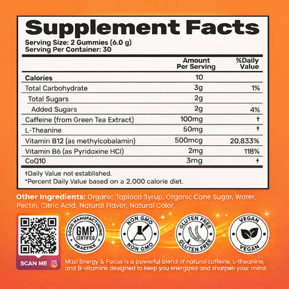 Energy & Focus Gummies | 100mg Natural Caffeine + L-Theanine + Vitamin B6 & B12 + CoQ10 | Nootropic Cognitive Brain Performance Supplement | No Crash or Jitters