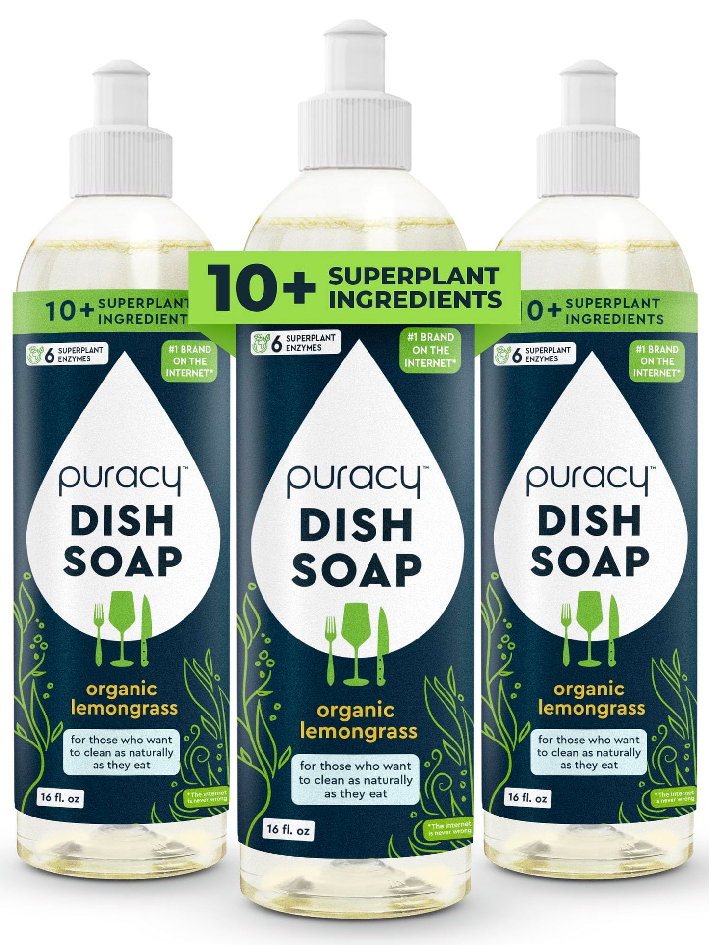 Puracy Natural Dish Soap Packs - Skin-Softening Plant-Based Dishwashing Soap, Non-Toxic Dish Soap, Organic Liquid Dishwashing Detergent Soap (Organic Lemongrass, 16 fl oz, 3 Pack)