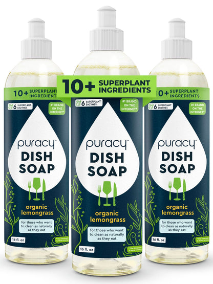 Puracy Natural Dish Soap Packs - Skin-Softening Plant-Based Dishwashing Soap, Non-Toxic Dish Soap, Organic Liquid Dishwashing Detergent Soap (Organic Lemongrass, 16 fl oz, 3 Pack)