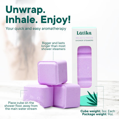 Latika Aromatherapy Shower Steamers - Relax & Focus Pack with Lavender Peppermint Essential Oils - Stress and Anxiety Relief Tablets - Shower Essentials for Women and Men - Relaxing Aromatherapy Gifts