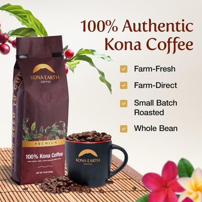 KONA EARTH - Premium, 100% Kona Coffee, Dark Roast, Farm-Fresh Whole Coffee Beans, Micro-Batch-Roasted, 1 lb., Pack of 1