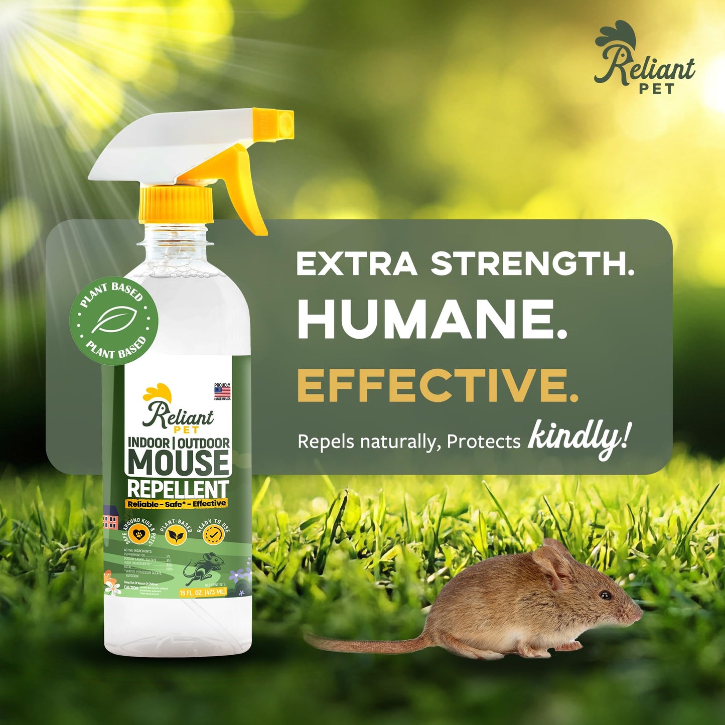 Reliant Pet Peppermint Oil Mouse Repellent Spray 16oz - Natural Mice Deterrent for Indoor & Outdoor Use - Mouse Repellent Spray for Home, Car Engines, RV - Pet Safe Pest Control - Made in USA