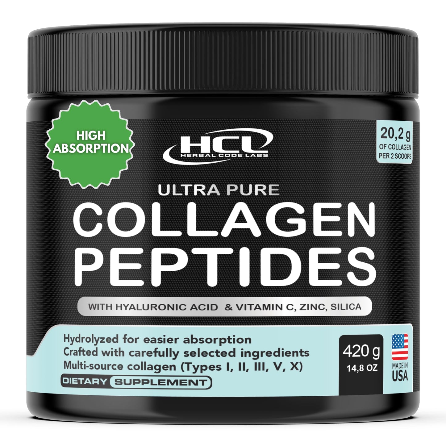 Collagen Peptides Powder with Vitamin C & Hyaluronic Acid - from Organic Cleanest Sources & Super High Absorption - Hydrolyzed Multi Type I, II, III, V, X - Skin Hair Supplement Made in USA