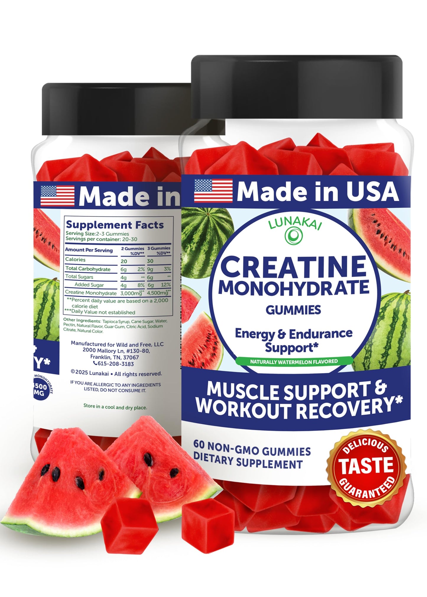 Lunakai USA Made Creatine Monohydrate Gummies for Women & Men – Vegan Creatine Gummies for Muscle & Recovery Support – Pre Workout Supplement, 60ct