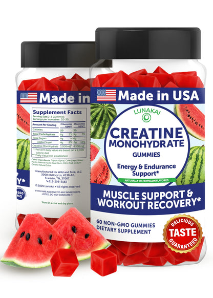 Lunakai USA Made Creatine Monohydrate Gummies for Women & Men – Vegan Creatine Gummies for Muscle & Recovery Support – Pre Workout Supplement, 60ct