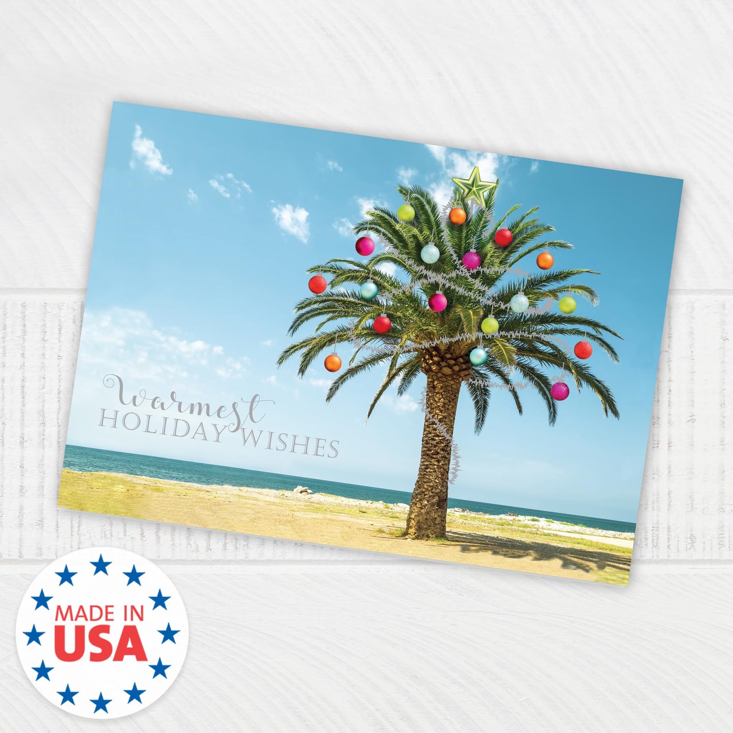 Canopy Street Masterpiece Decorated Palm Cards / 16 Tropical Beach Holiday Card Set With White Envelopes / 5 5/8" x 7 7/8" Warm Weather Coastal Vacation Greeting Cards With Inside Verse