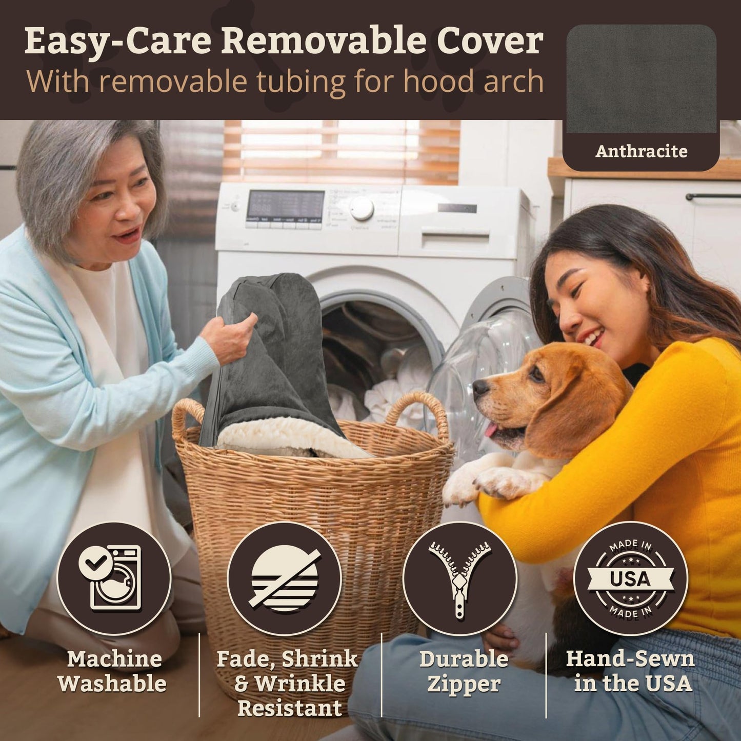 Snoozer Cozy Cave Dog Bed - Indoor Dog Bed with Cover Cave, Covered Calming Burrow for Medium & Large Sized Pets with Blanket Attached, Enclosed, Removable Washable Cover - XL, Anthracite