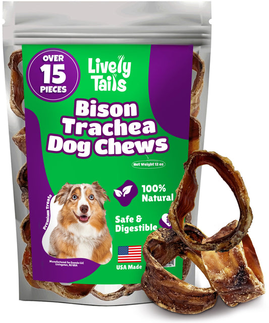 Lively Tails Trachea Dog Chews 15-Pack, 100% Bison Dog Treats, Natural Glucosamine & Chondroitin for Hip and Joint Support, Grain-Free, Rawhide-Free, Low-Fat Trachea for Dogs, 12 oz Bag