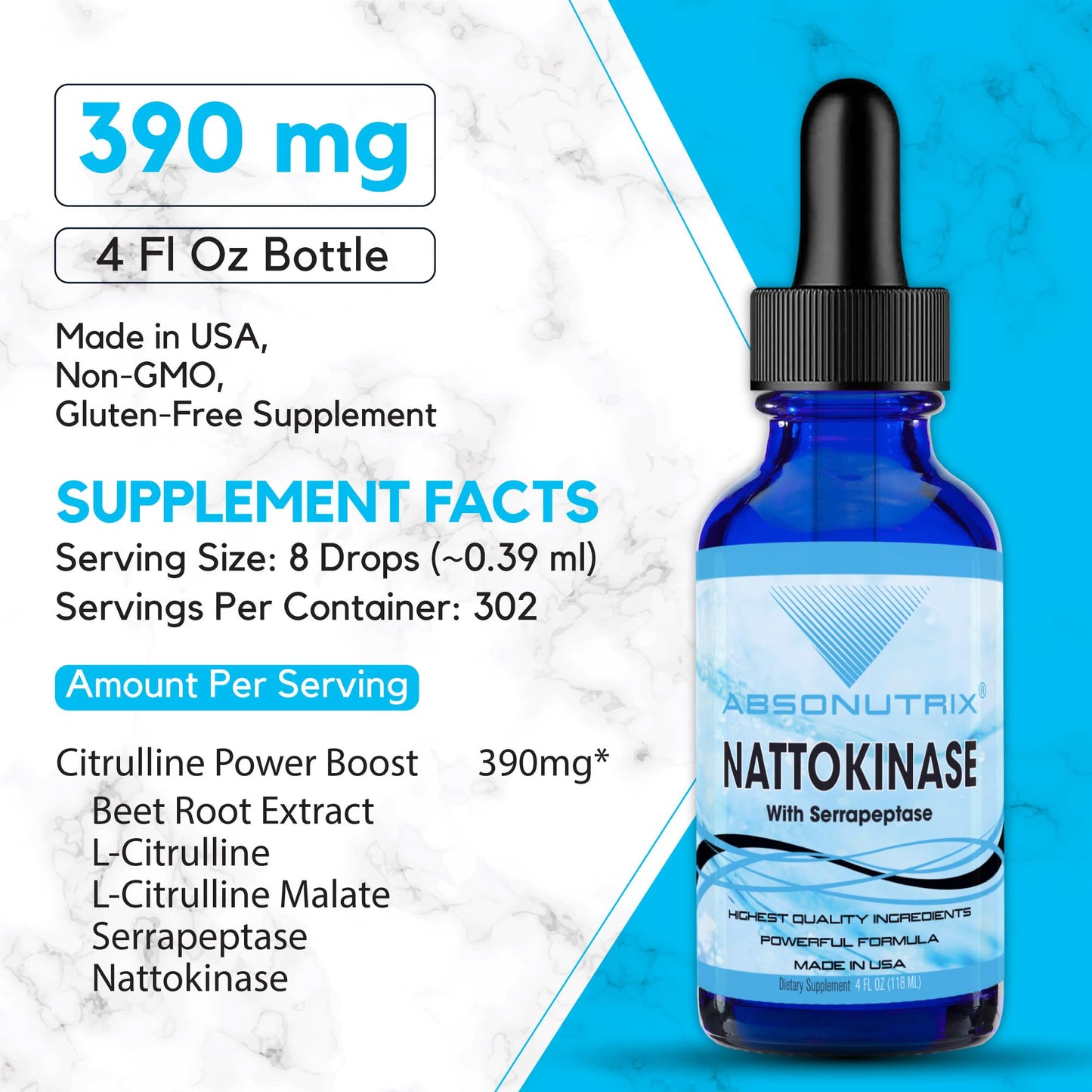 Absonutrix Nattokinase with Serrapeptase Supplement Liquid Drops - A, 390 mg, 4 FL OZ Liquid, 302 Servings, Made in USA, Beet Root Extract, Gluten-Free, Non-GMO, GMP Certified