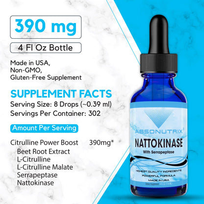 Absonutrix Nattokinase with Serrapeptase Supplement Liquid Drops - A, 390 mg, 4 FL OZ Liquid, 302 Servings, Made in USA, Beet Root Extract, Gluten-Free, Non-GMO, GMP Certified