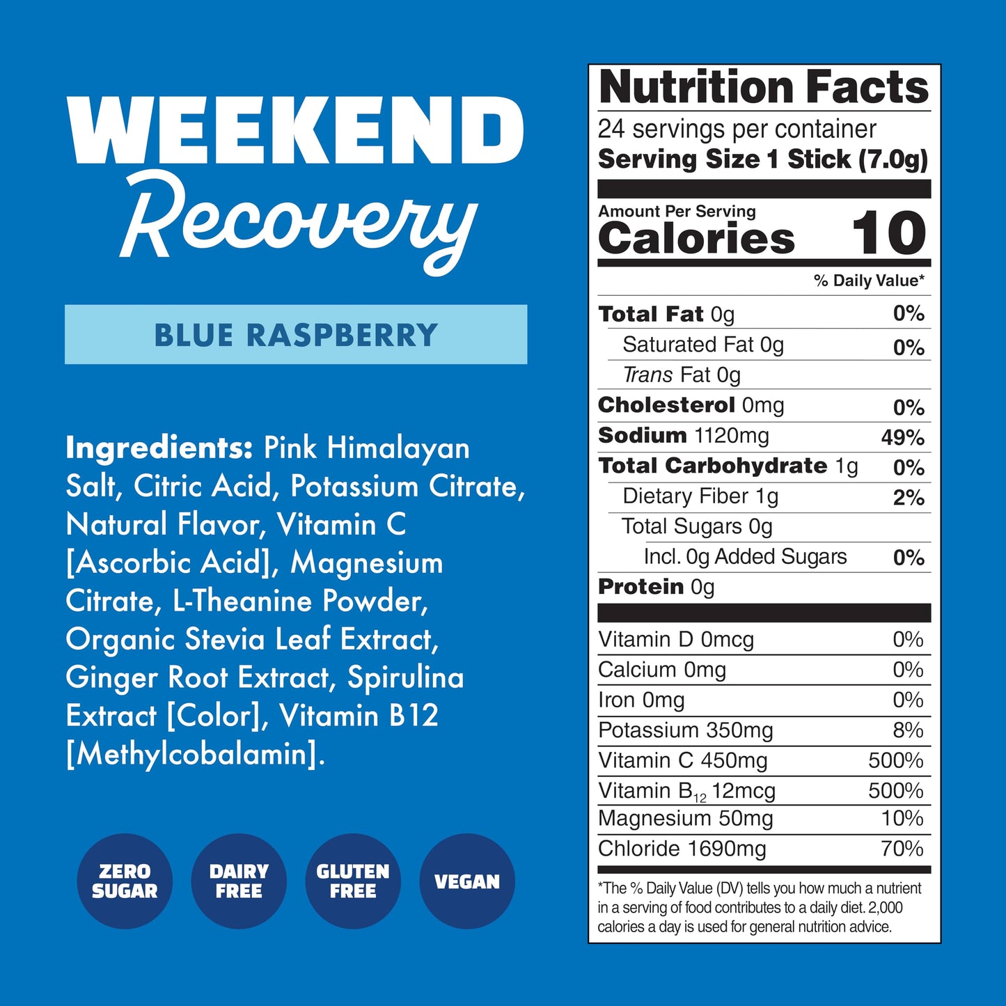 Waterboy Weekend Recovery | 3,200mg Electrolyte Powder Packets | Ginger + L-Theanine + Vitamins | No Sugar, All Natural, Gluten Free | 24 Drink Stick Mixes (Blue Raspberry)