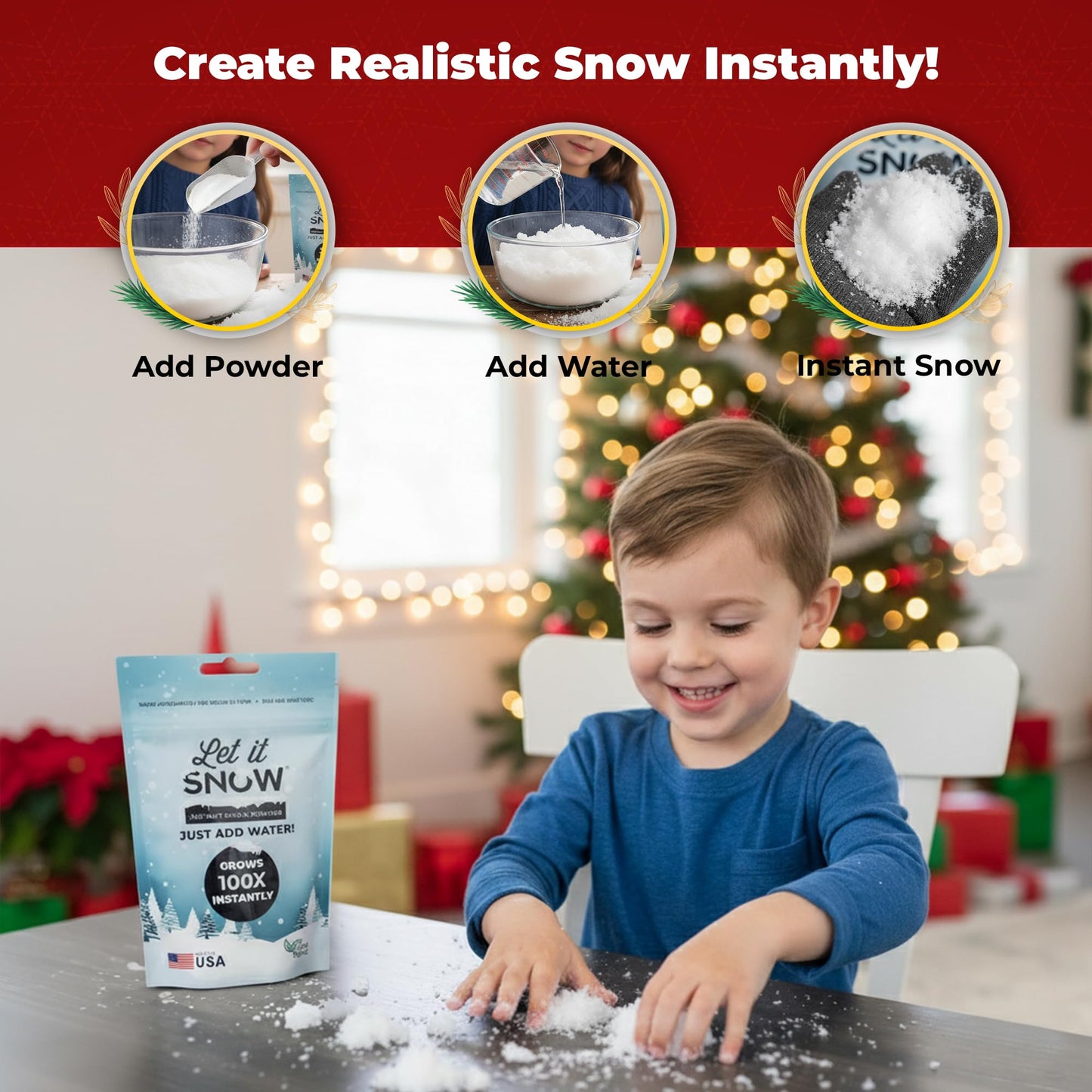 Let it Snow Instant Fake Snow for Slime - Made in The USA, Gentle, Safe & Easy to Use Artificial Snow Powder - Perfect Play Snow for Holiday Decorations, Photography, Sensory Play, & Slime (1 Pack)