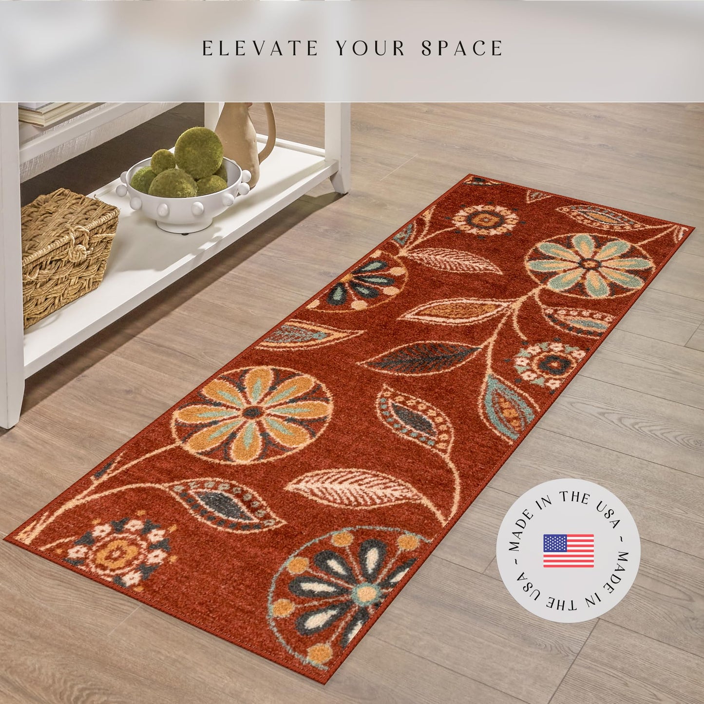 Maples Rugs Reggie Floral Runner Rug - Made in USA - Washable, Non Slip Indoor Carpet for Kitchen, Hallway, and Laundry Room, 1'8 x 5, Merlot