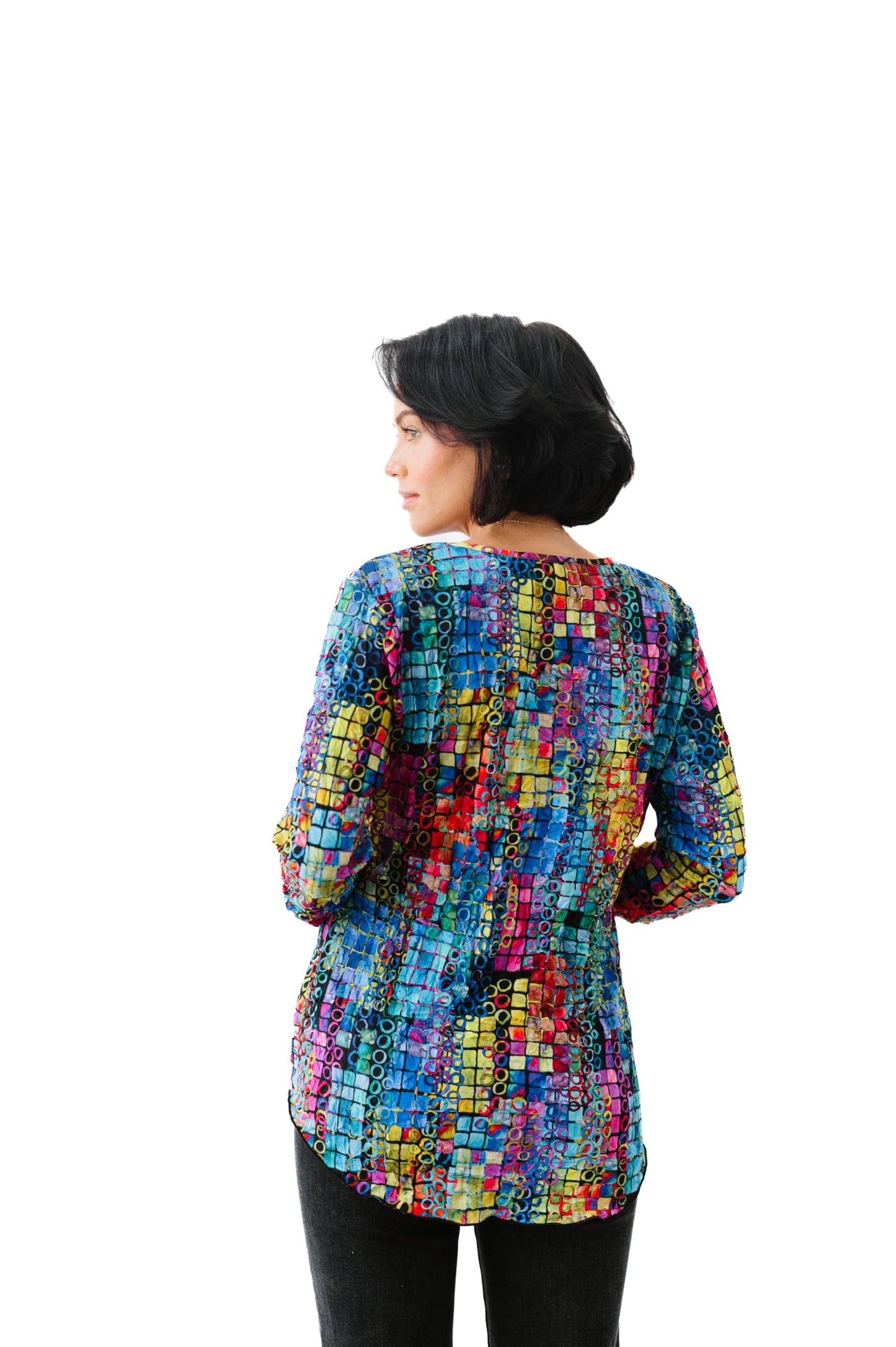 SNO SKINS Fall/Winter Collection Designer Print Crinkle V-Neck Top with Rouched Detail (Spectrum)