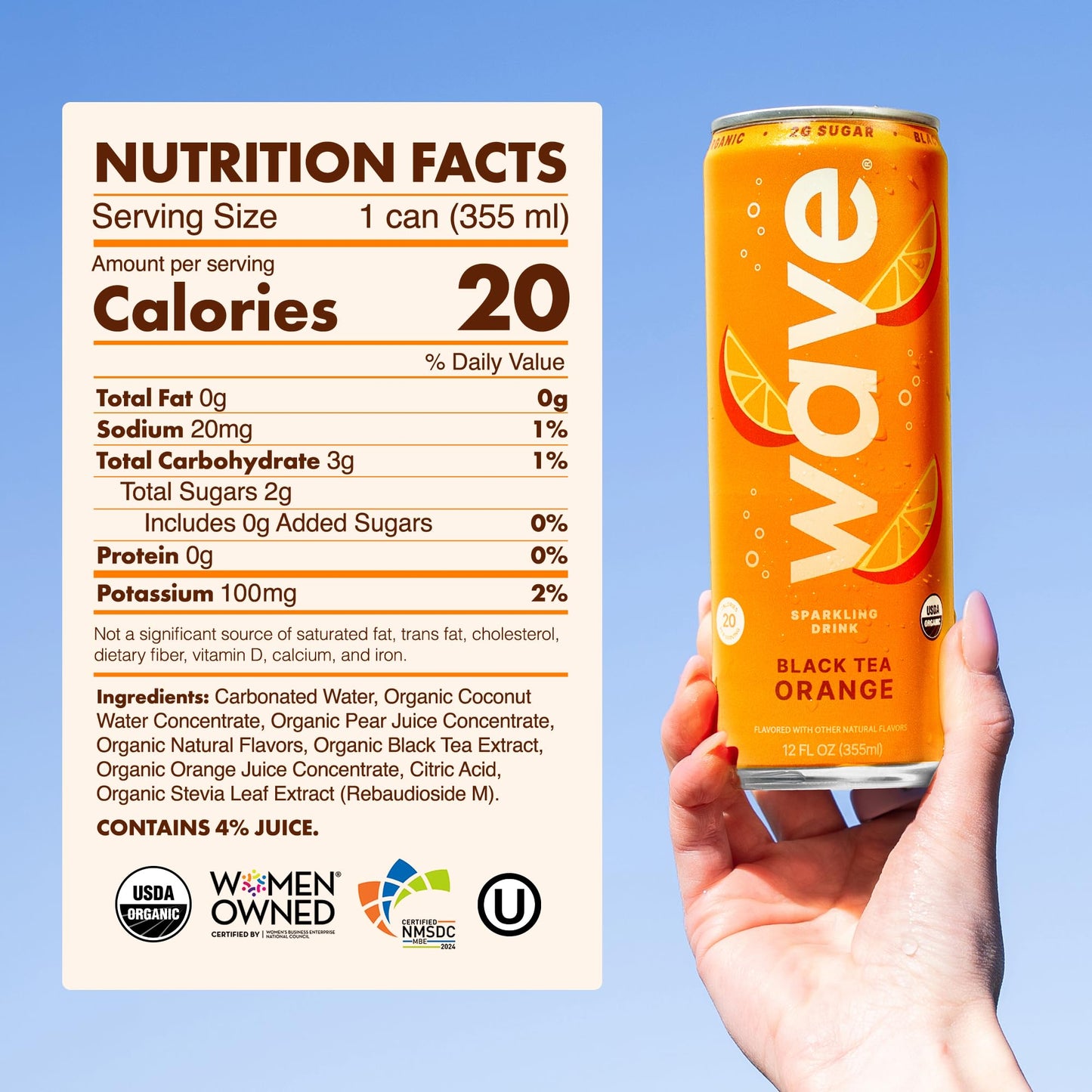 WAVE Organic Sparkling Drink | Low Calorie Drink, Black Tea Orange Lightly Carbonated | Great Natural Soda Alternative | USA Made Kosher No Added Sugar, Color, & Artificial Ingredients |12 Pack