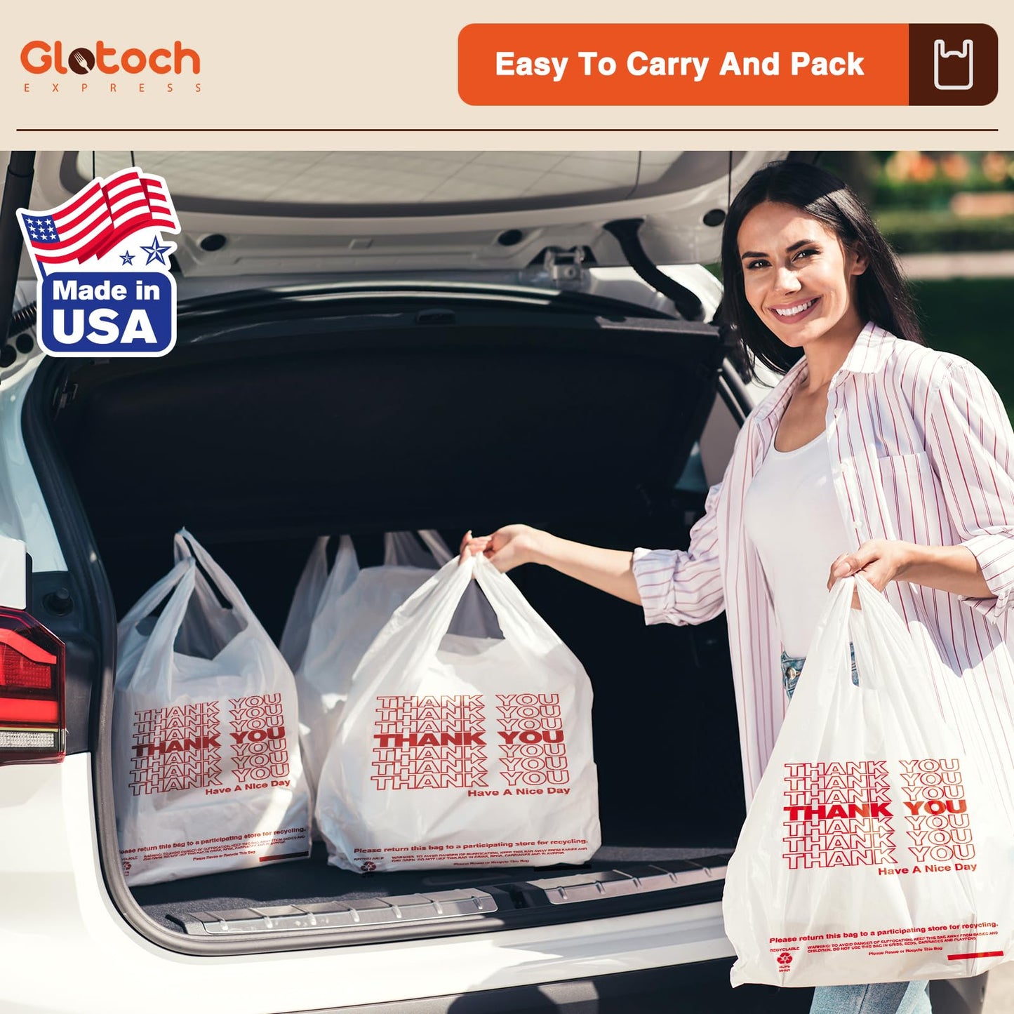 Glotoch Plastic Thank You Bags 1000 Count, 11.5" x 6.5" x 21" White Grocery Bags with Handles for Restaurant, Retail, Grocery Store, Takeout, Convenience Stores, T-shirt Shopping Bag in Bulk