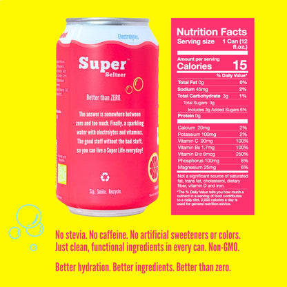 Super Seltzer Sparkling Water with Electrolytes and Vitamins, Grapefruit Naturally Flavored, 12 Fl Oz, Pack of 12 cans