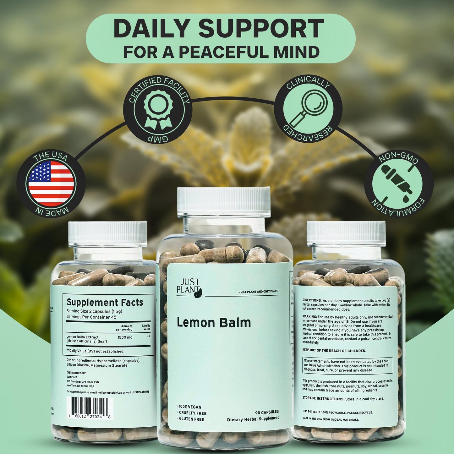 Just Plant Lemon Balm, 750 mg, 90 Vegan Capsules, Calming Herbal Support for Stress Relief, Calm Mood & Focus, Gluten-Free, GMP Certified
