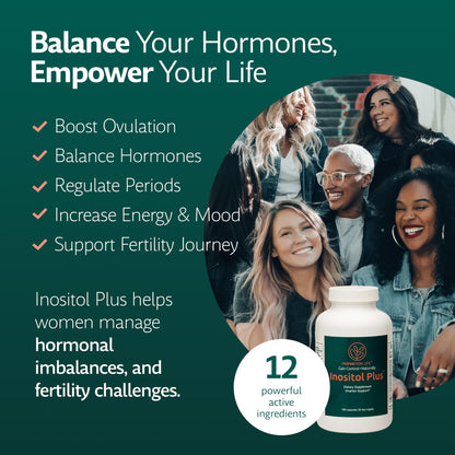 Inositol Plus Supplement for Women | Ovarian Health, Hormone Balance, Fertility, Ovulation | 40:1 Myo-Inositol D-Chiro & 12 Ingredients | Developed by Medical Doctor | 120 Capsules