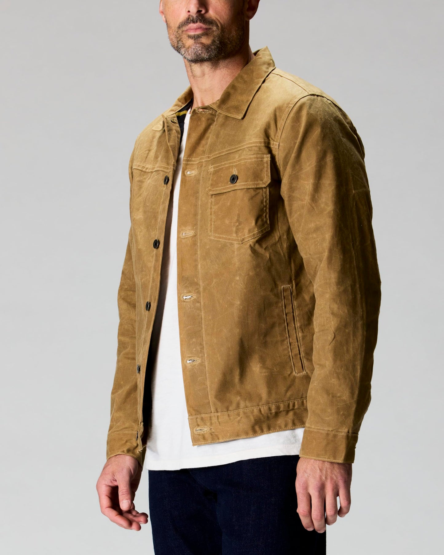 Huckberry Flint and Tinder Men's Flannel-Lined Waxed Trucker Jacket, Water & Weather Resistant Mens Jacket, Field Tan