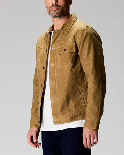 Huckberry Flint and Tinder Men's Flannel-Lined Waxed Trucker Jacket, Water & Weather Resistant Mens Jacket, Field Tan