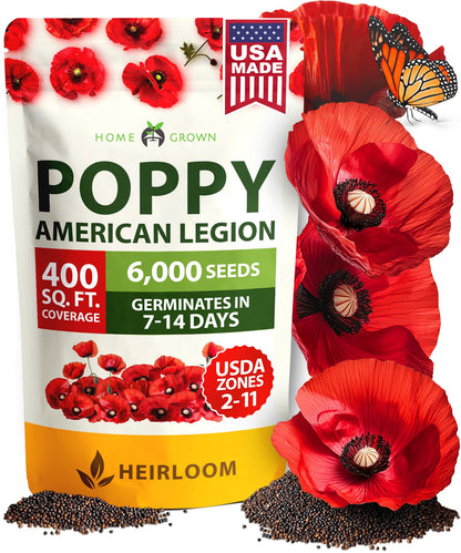 HOME GROWN American Legion Red Poppy Seeds - 6,000 Vibrant Wildflower Seeds for Planting Outdoors - Perennial Poppy Flowers - Memorial Garden & Pollinator Friendly (Papaver rhoeas)