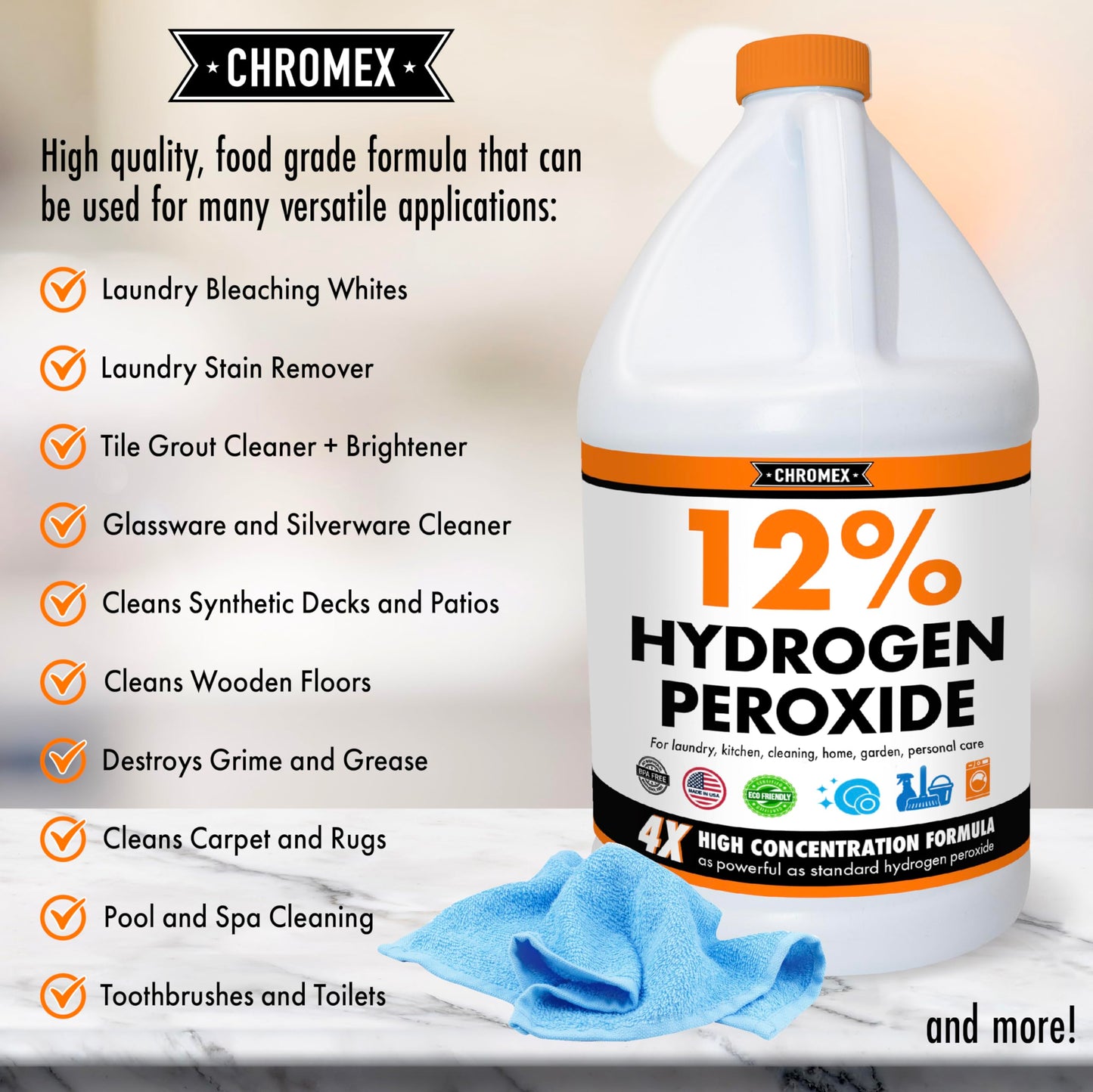 Chromex Hydrogen Peroxide 12 Percent Food Grade, 4x Power Concentrated Solution, 2 Gallons Dilute to 8 Gallons, Versatile Uses include Topical Care, Home, Kitchen, Bath Cleaner, Laundry, Whitening