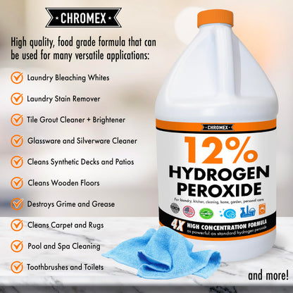 Chromex Hydrogen Peroxide 12 Percent Food Grade, 4x Power Concentrated Solution, 2 Gallons Dilute to 8 Gallons, Versatile Uses include Topical Care, Home, Kitchen, Bath Cleaner, Laundry, Whitening