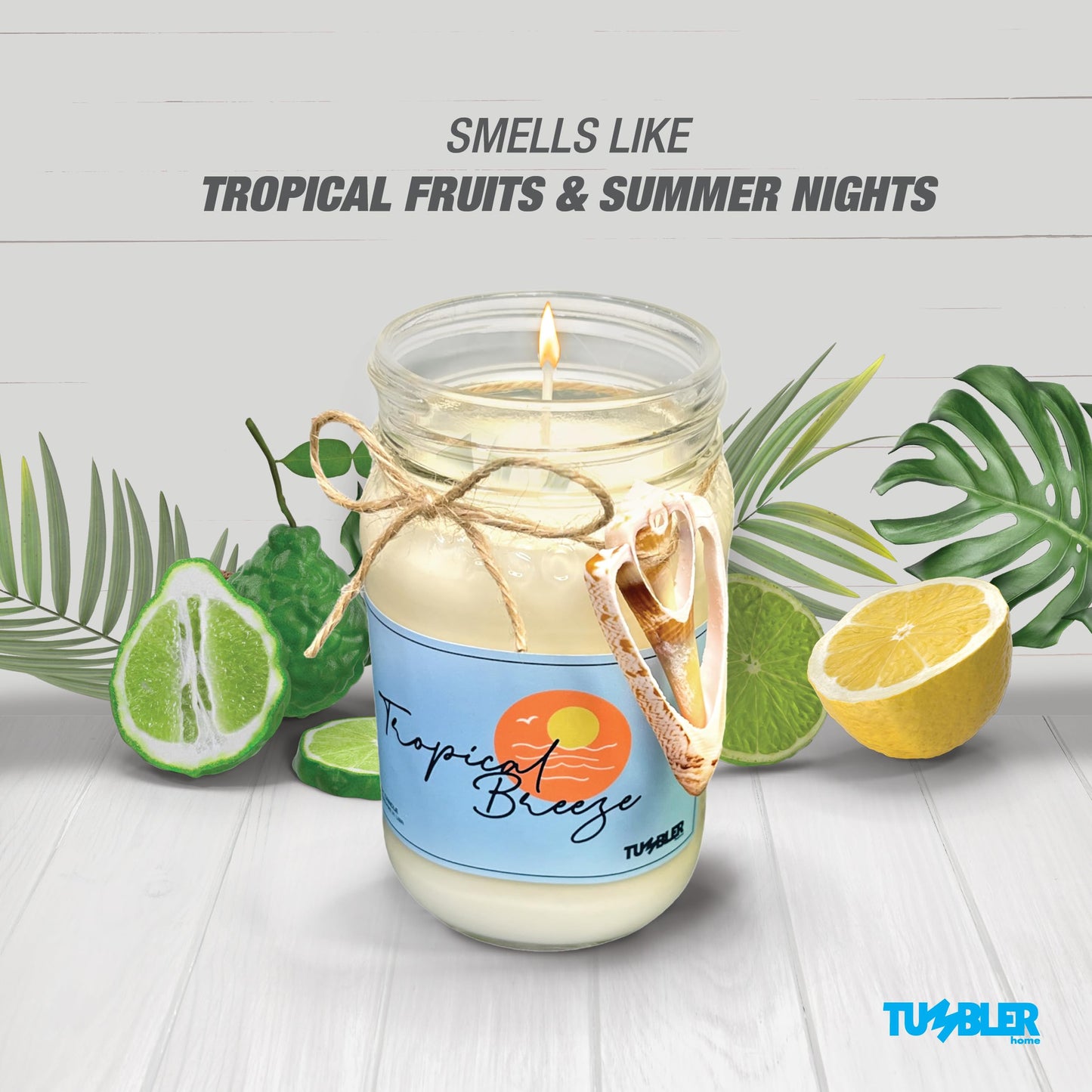 Beach Candle by Tumbler Home, Scented Soy Candle Made in USA, Beachy Candle Makes Great Coastal Decor, Long Lasting 90+ Hour Burn Time - Tropical Breeze