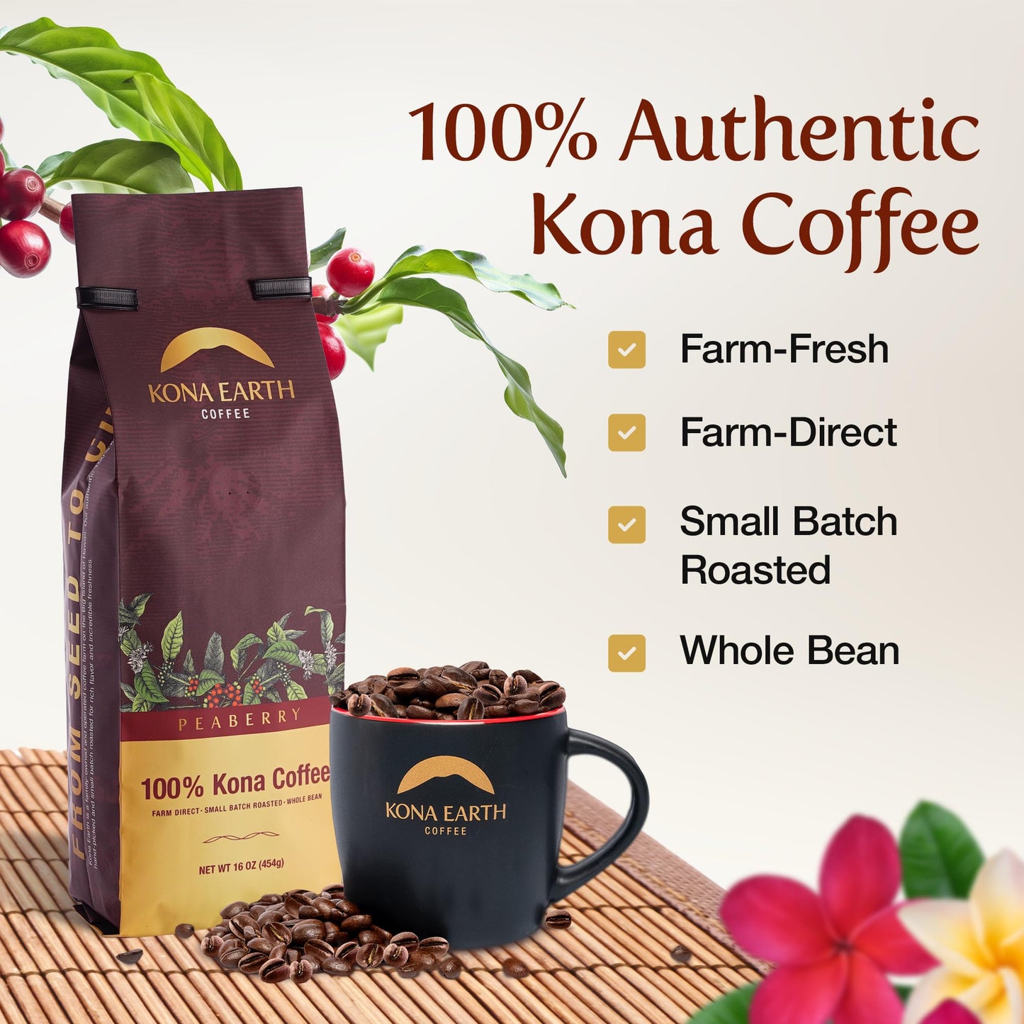 KONA EARTH - Peaberry, 100% Kona Coffee Beans, Whole Farm-Fresh Medium Roast Coffee Beans, Micro-Batch-Roasted, 1 lb., Pack of 1
