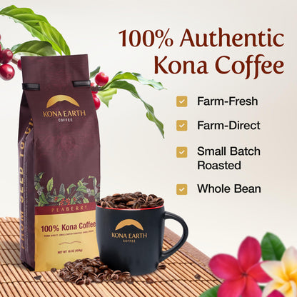 KONA EARTH - Peaberry, 100% Kona Coffee Beans, Whole Farm-Fresh Medium Roast Coffee Beans, Micro-Batch-Roasted, 1 lb., Pack of 1